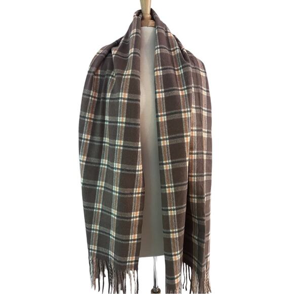 Plaid Blanket Scarf Wrap Soft Fuzzy Chocolate Brown Fringe Trim Preppy Fall NWT - Picture 5 of 9